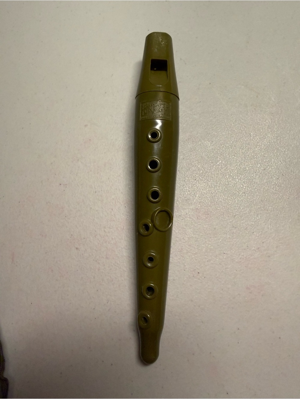 Vintage Olive Green Plastic Tonette Recorder